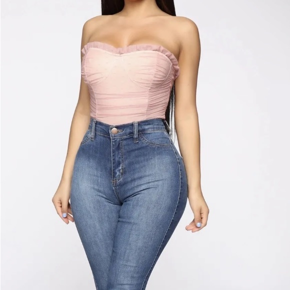 Large Pink Bodysuit for Women Ruched polka dot ruffle trim strapless Mauve Top - Picture 3 of 3